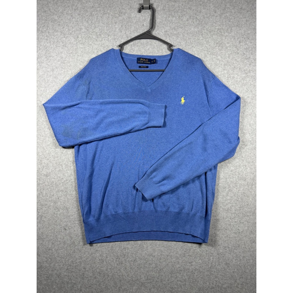 Polo Ralph Lauren Pima Cotton V-Neck Sweater Large Blue Yellow Pony Logo Mens L